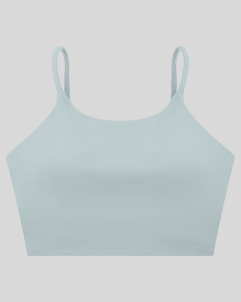CoreLine Sports Bra in haze blue, 3D front view with scoop neckline and thin straps