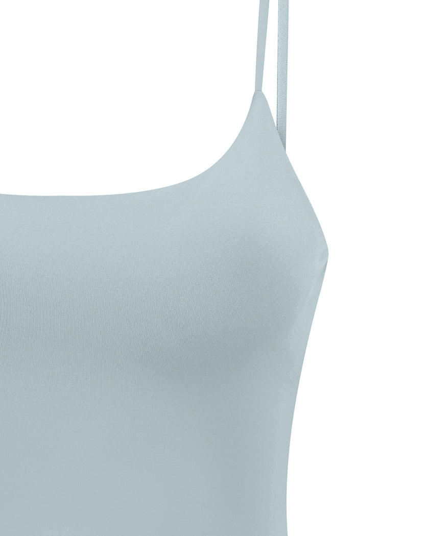 CoreLine Sports Bra in haze blue, front detail close-up with smooth fabric