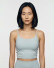 CoreLine Sports Bra in haze blue, front view styled on model