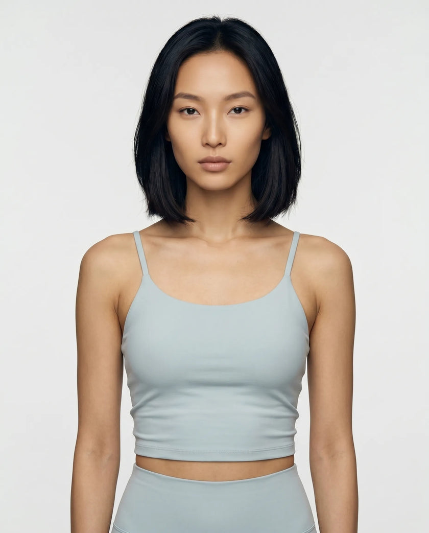 CoreLine Sports Bra in haze blue, front view styled on model