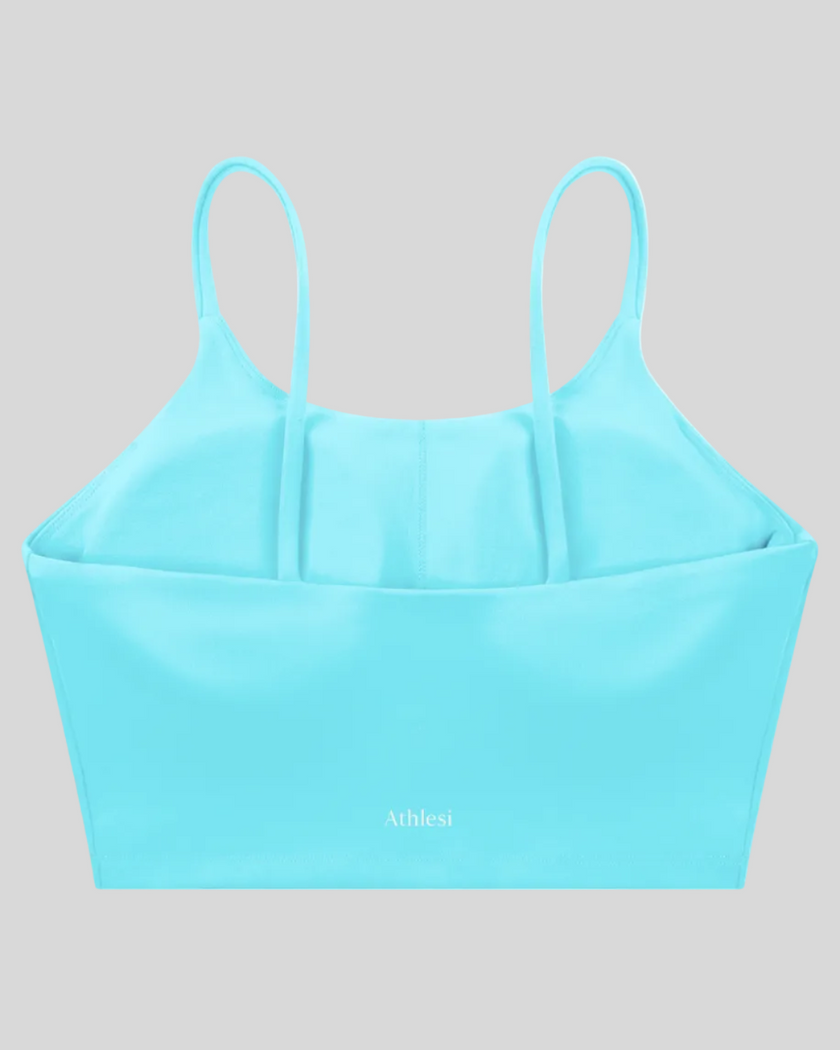 CoreLine Sports Bra in lake blue, 3D back view with clean minimal structure