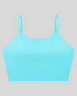 CoreLine Sports Bra in lake blue, 3D front view with scoop neckline and thin straps