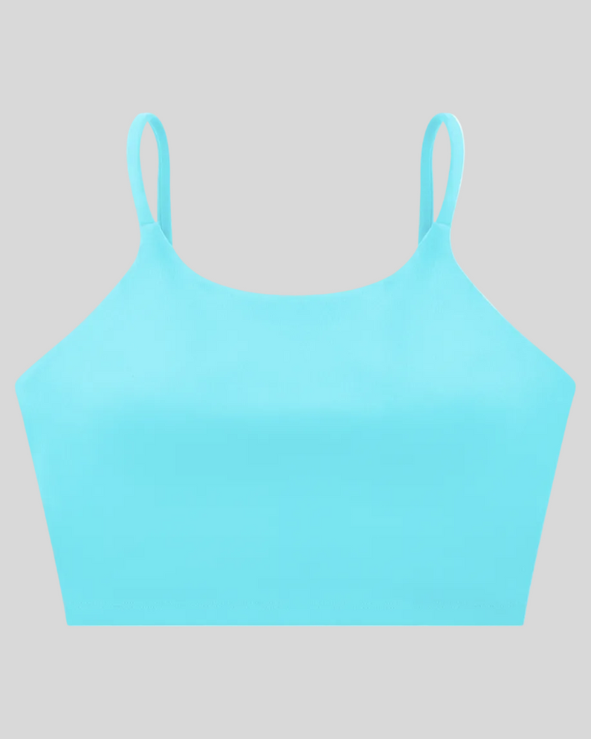 CoreLine Sports Bra in lake blue, 3D front view with scoop neckline and thin straps