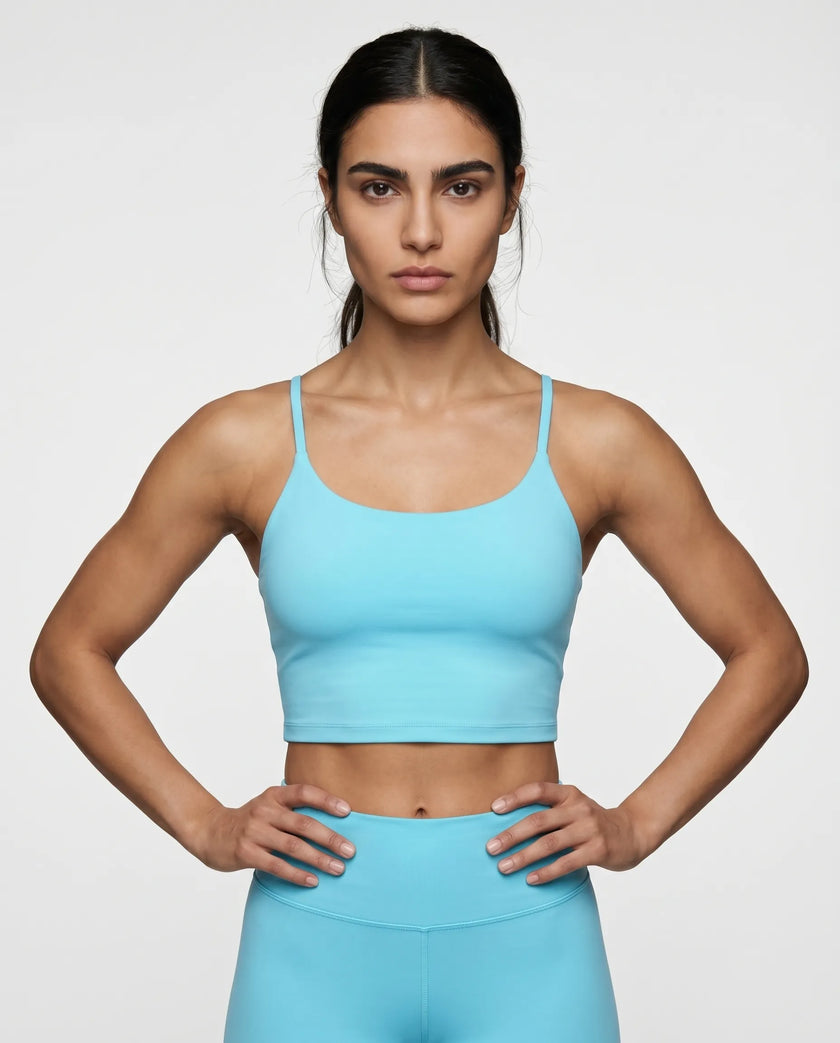 CoreLine Sports Bra in lake blue, front view styled on model