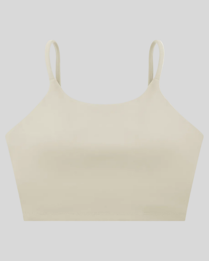 CoreLine Sports Bra in light gray, 3D front view with scoop neckline and thin straps