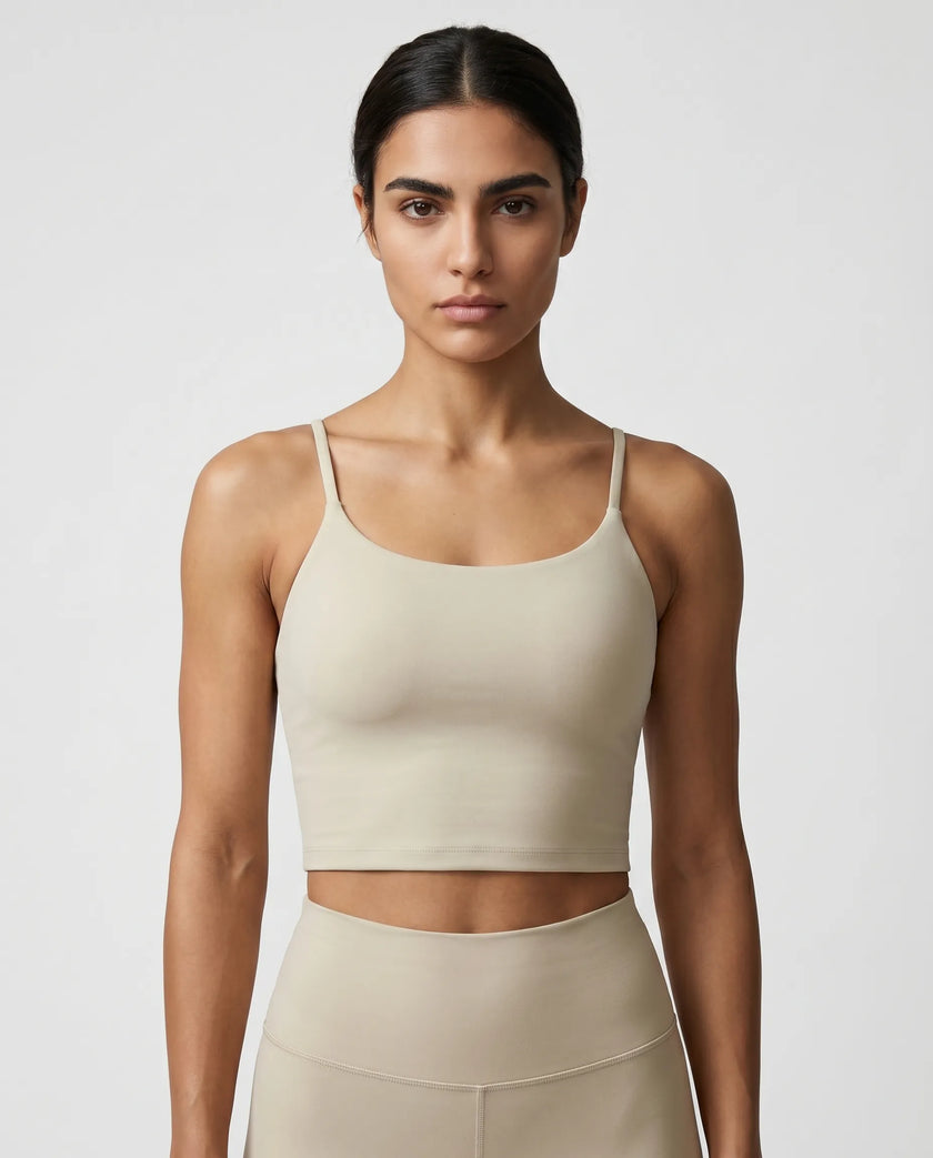 CoreLine Sports Bra in light gray, front view styled on model