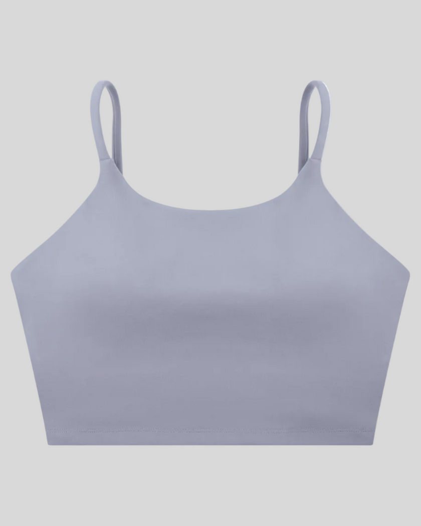 CoreLine Sports Bra in light purple, 3D front view with scoop neckline and thin straps