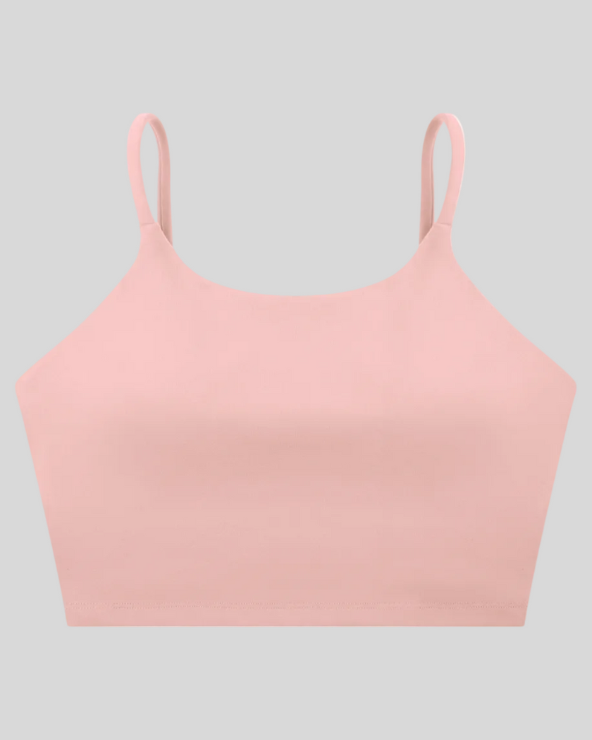CoreLine Sports Bra in pink, 3D front view with scoop neckline and thin straps