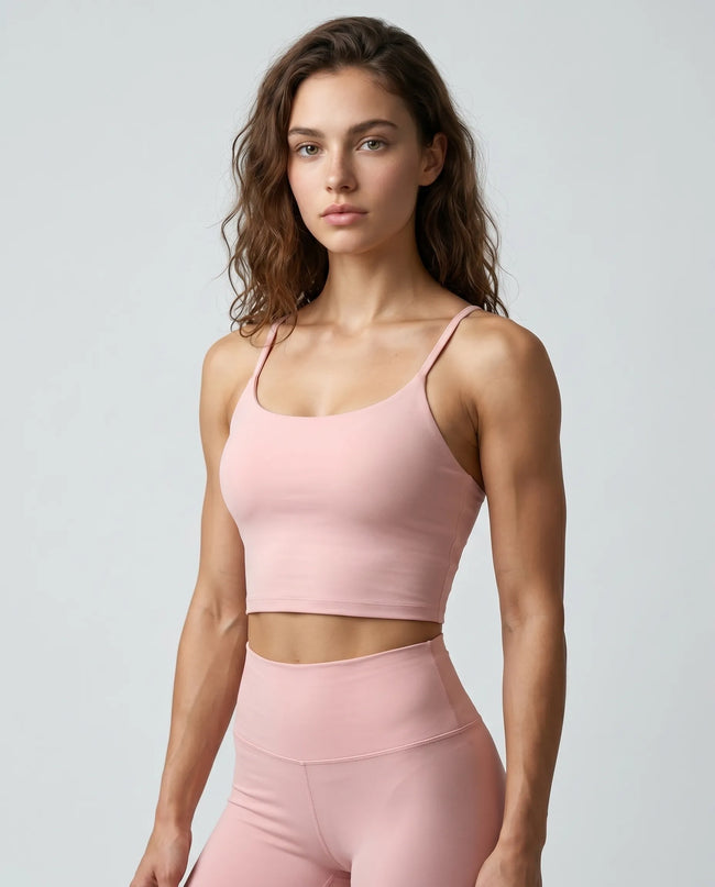 CoreLine Sports Bra in pink, front view styled on model