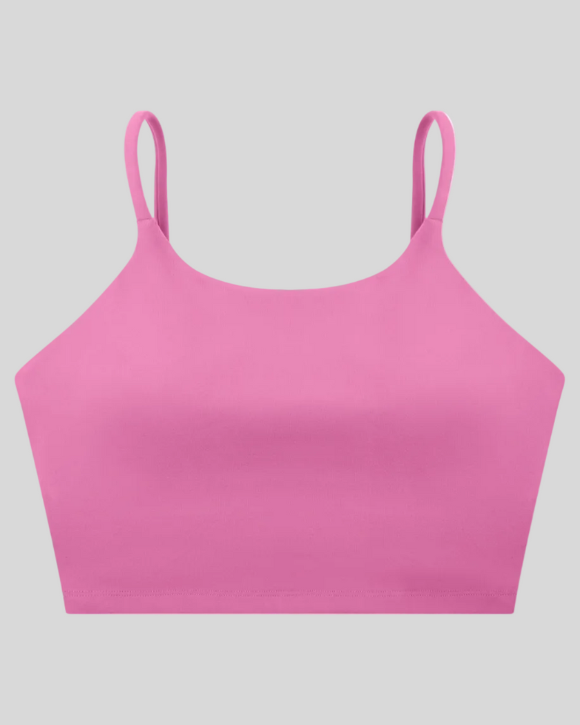 CoreLine Sports Bra in purple, 3D front view with scoop neckline and thin straps