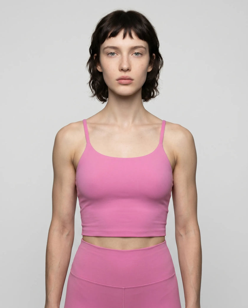 CoreLine Sports Bra in purple, front view styled on model