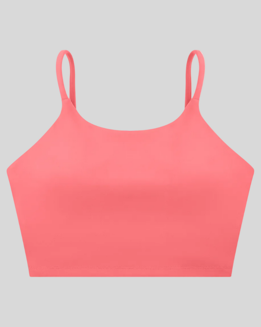 CoreLine Sports Bra in rose pink, 3D front view with scoop neckline and thin straps