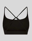 CoreLine Studio Sports Bra in black, 3D back view with strappy design