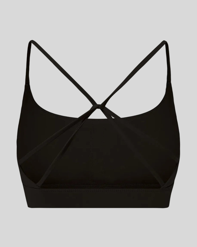 CoreLine Studio Sports Bra in black, 3D back view with strappy design