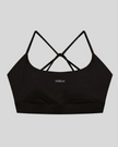 CoreLine Studio Sports Bra in black, flatlay front view with scoop neckline