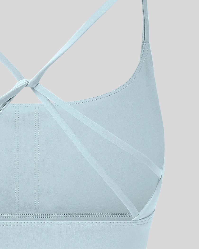 CoreLine Studio Sports Bra in light blue, back strap detail close-up