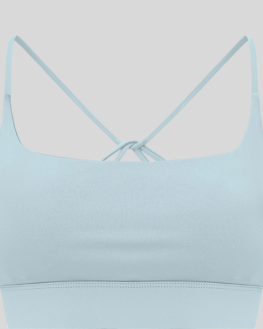 CoreLine Studio Sports Bra in light blue, front detail close-up