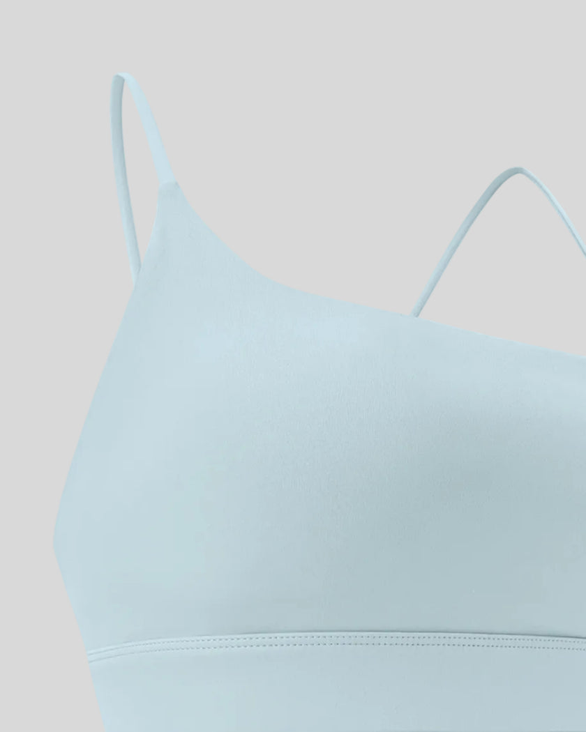 CoreLine Studio Sports Bra in light blue, strap and underarm detail close-up