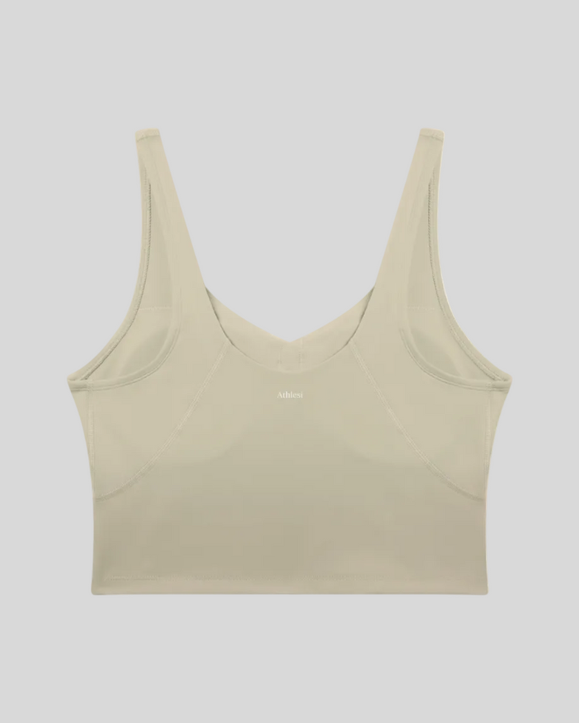 CoreLine Yoga Sports Bra in Pale Khaki back view