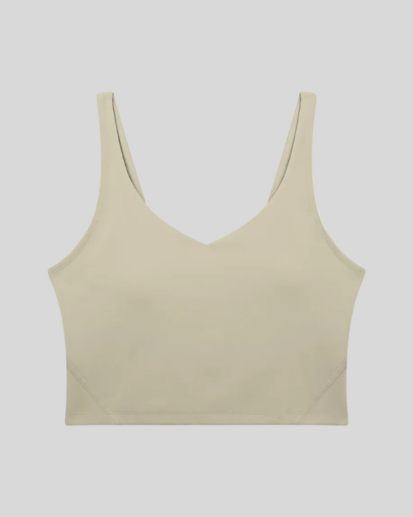 CoreLine Yoga Sports Bra in Pale Khaki front view