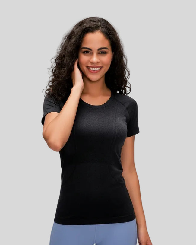 Athlesi CoreLite short sleeve active top in black, front mid shot