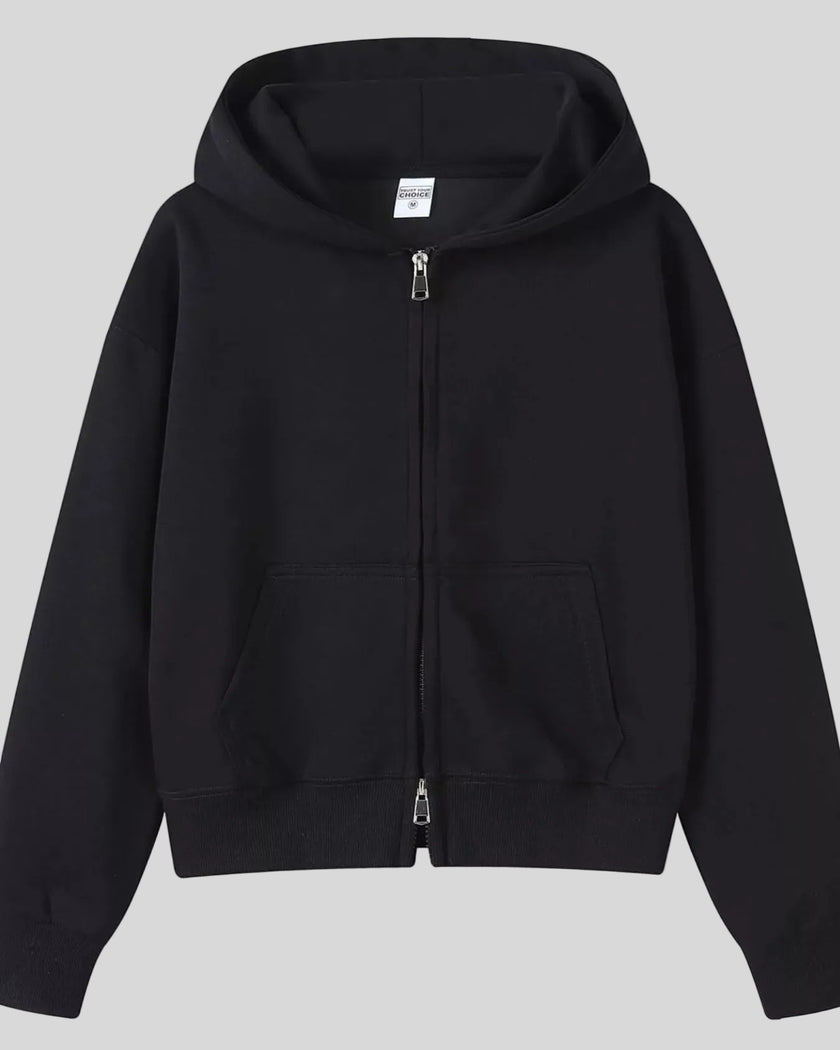 CoreZip Hooded Jacket in black flat lay front view showing full design