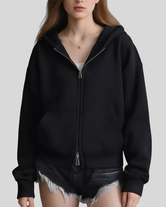 CoreZip Hooded Jacket in black front closed view showing clean silhouette and zip closure