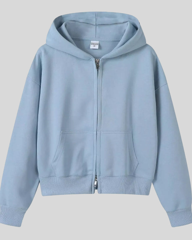CoreZip Hooded Jacket in blue flat lay front view showing full design