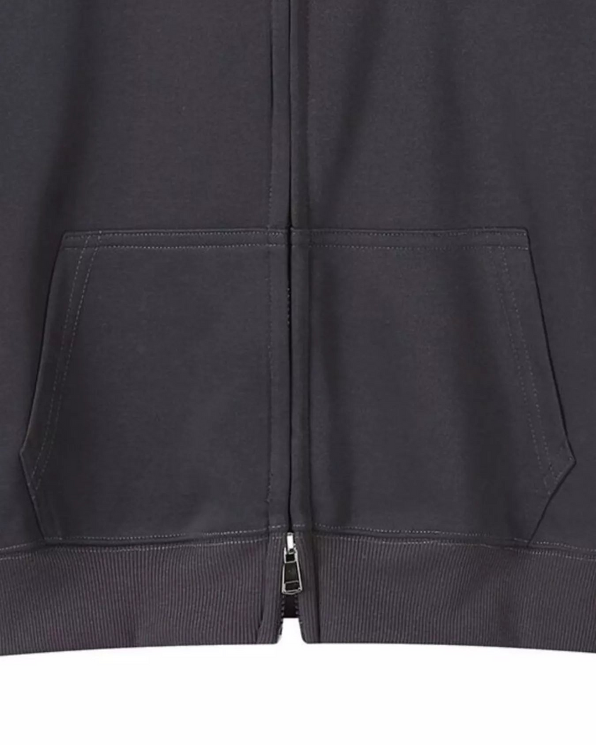 CoreZip Hooded Jacket in dark gray  close-up showing front zipper detail