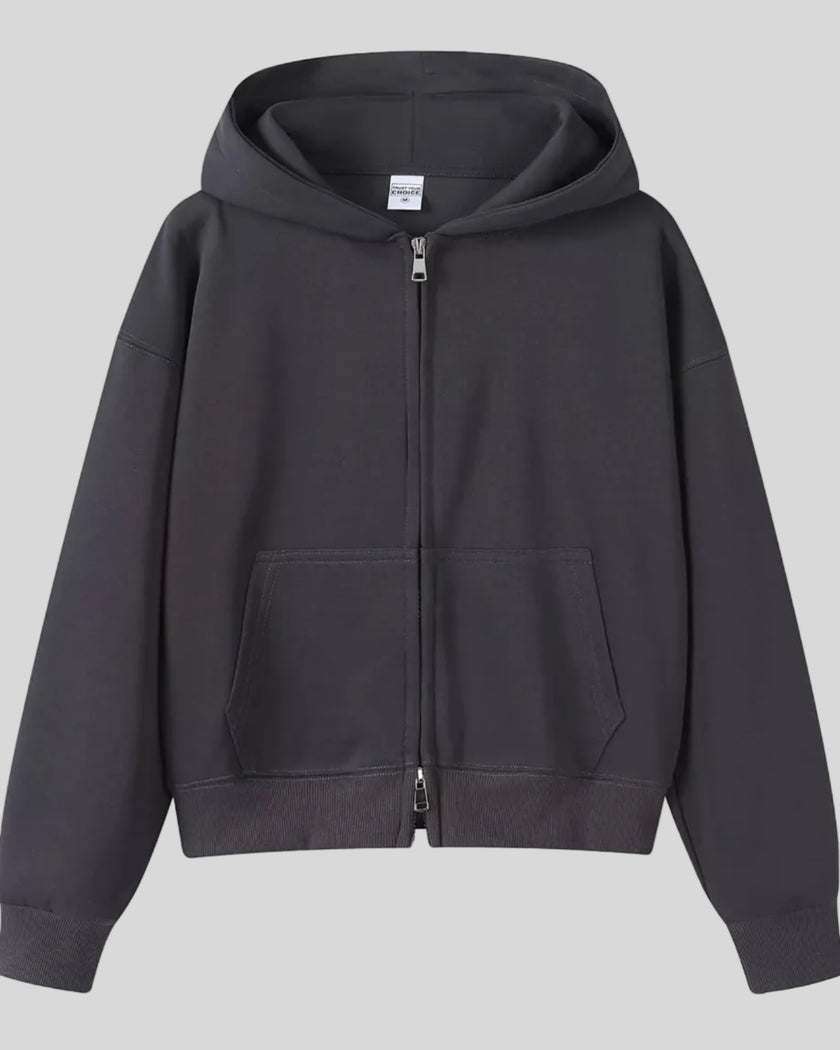 CoreZip Hooded Jacket in dark gray flat lay front view showing full design