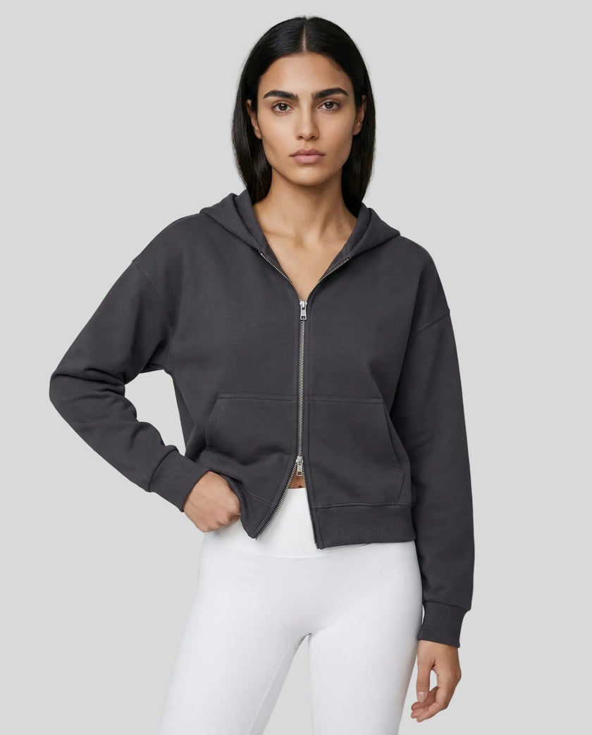 CoreZip Hooded Jacket in dark gray worn by model mid body front view highlighting fit and structure