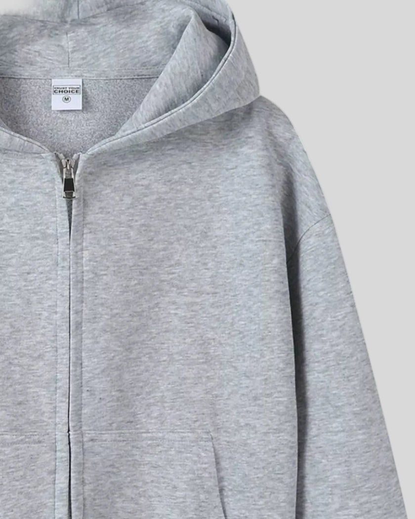 CoreZip Hooded Jacket in gray close-up showing sleeve and hood detail