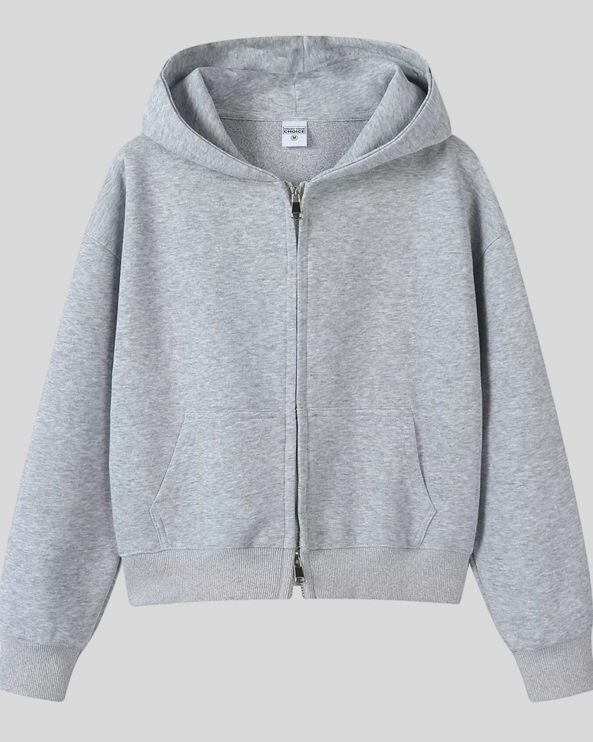 CoreZip Hooded Jacket in gray flat lay front view showing full design