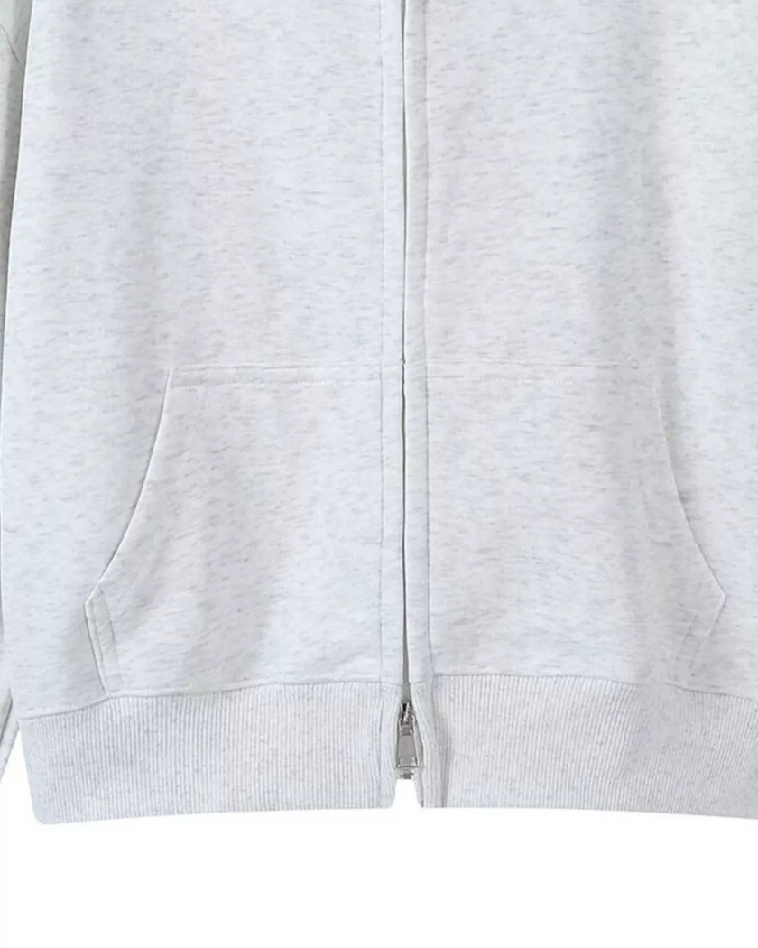 CoreZip Hooded Jacket in light gray close-up showing front zipper detail
