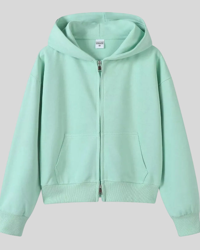 CoreZip Hooded Jacket in light green flat lay front view showing full design