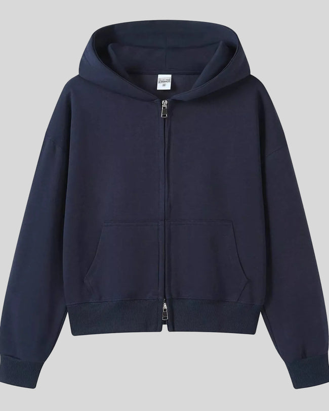 CoreZip Hooded Jacket in navy flat lay front view showing full design