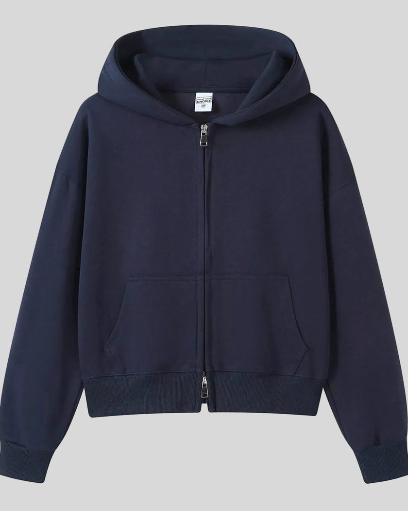 CoreZip Hooded Jacket in navy flat lay front view showing full design