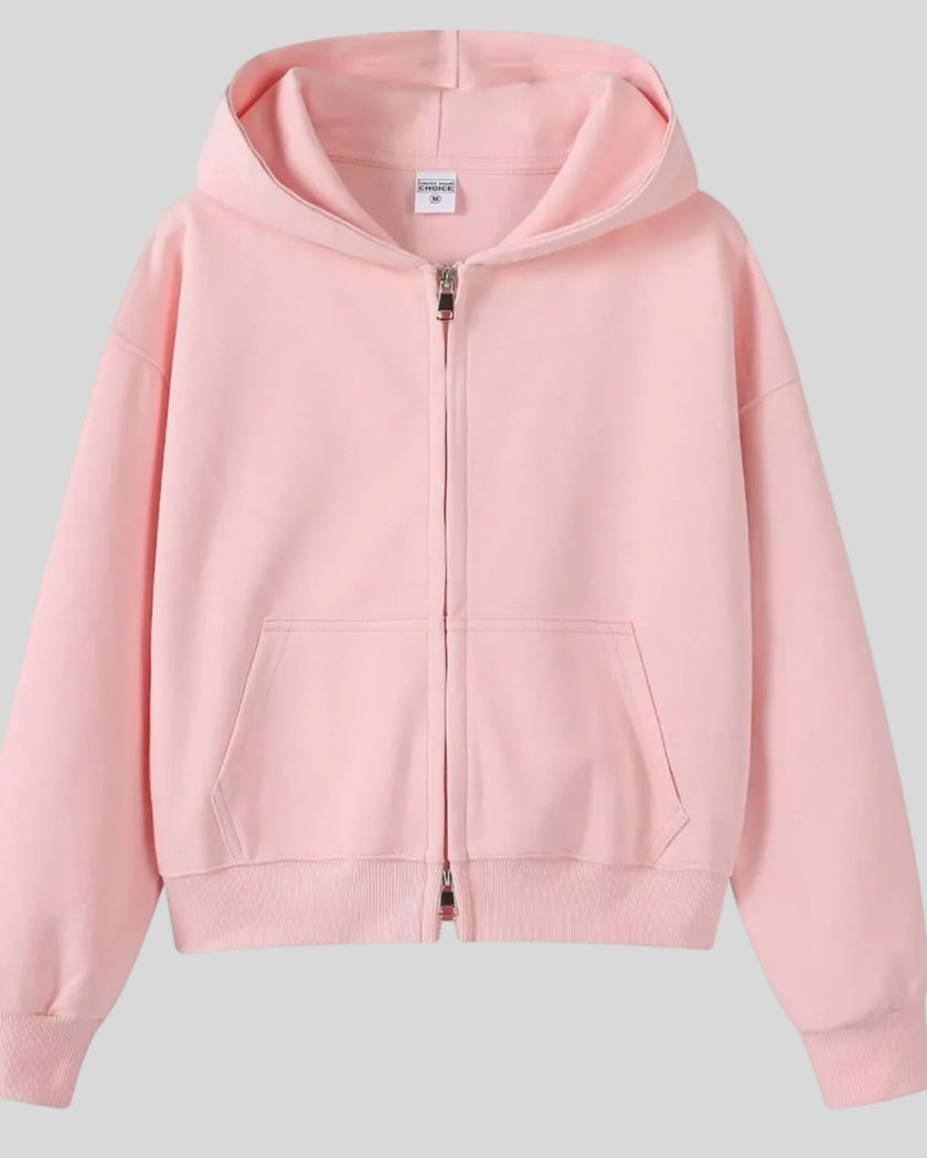 CoreZip Hooded Jacket in pink flat lay front view showing full design