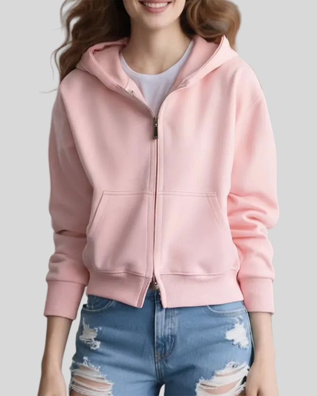 CoreZip Hooded Jacket in pink front closed view showing clean silhouette and zip closure