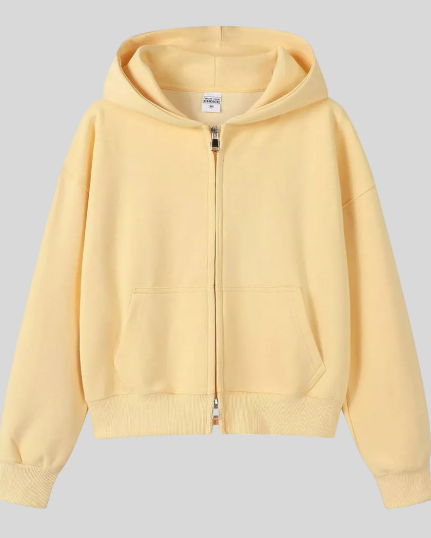 CoreZip Hooded Jacket in yellow flat lay front view showing full design