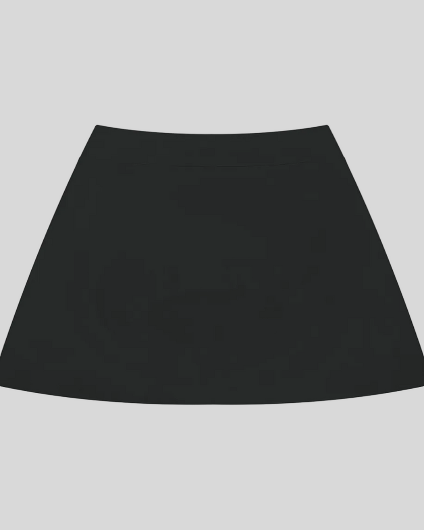 CourtClub A-Line Skirt in Black front view featuring a flattering high-rise waistband and flowing silhouette.