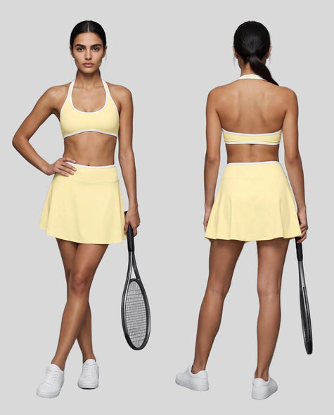 Front and Back view of a model wearing the CourtClub Color Block A-Line Skirt in Light Yellow