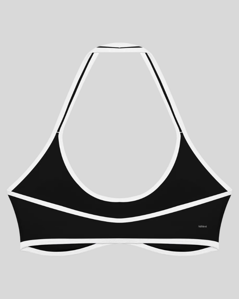 CourtClub Color Block Halter Sports Bra in Black back view showcasing the open-back halter design