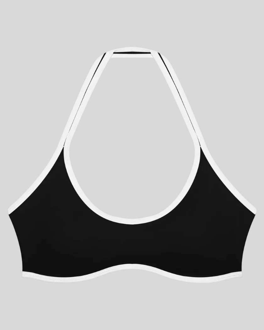 CourtClub Color Block Halter Sports Bra in Black front view featuring contrast trim and a flattering halter neckline