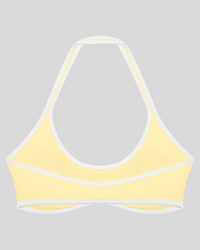 CourtClub Color Block Halter Sports Bra in Light Yellow back view showcasing the open-back halter design