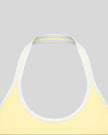 Close-up of the halter neckline and color block trim on the CourtClub Color Block Halter Sports Bra in Light Yellow