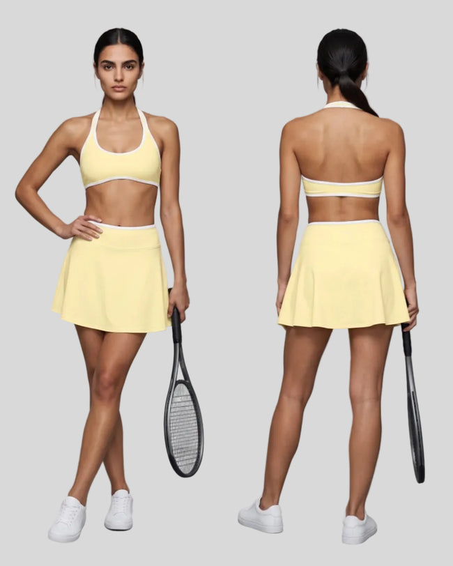 Front and Back view of a model wearing the CourtClub Color Block Halter Sports Bra in Light Yellow