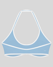 CourtClub Color Block Halter Sports Bra in Sky Blue back view showcasing the open-back halter design