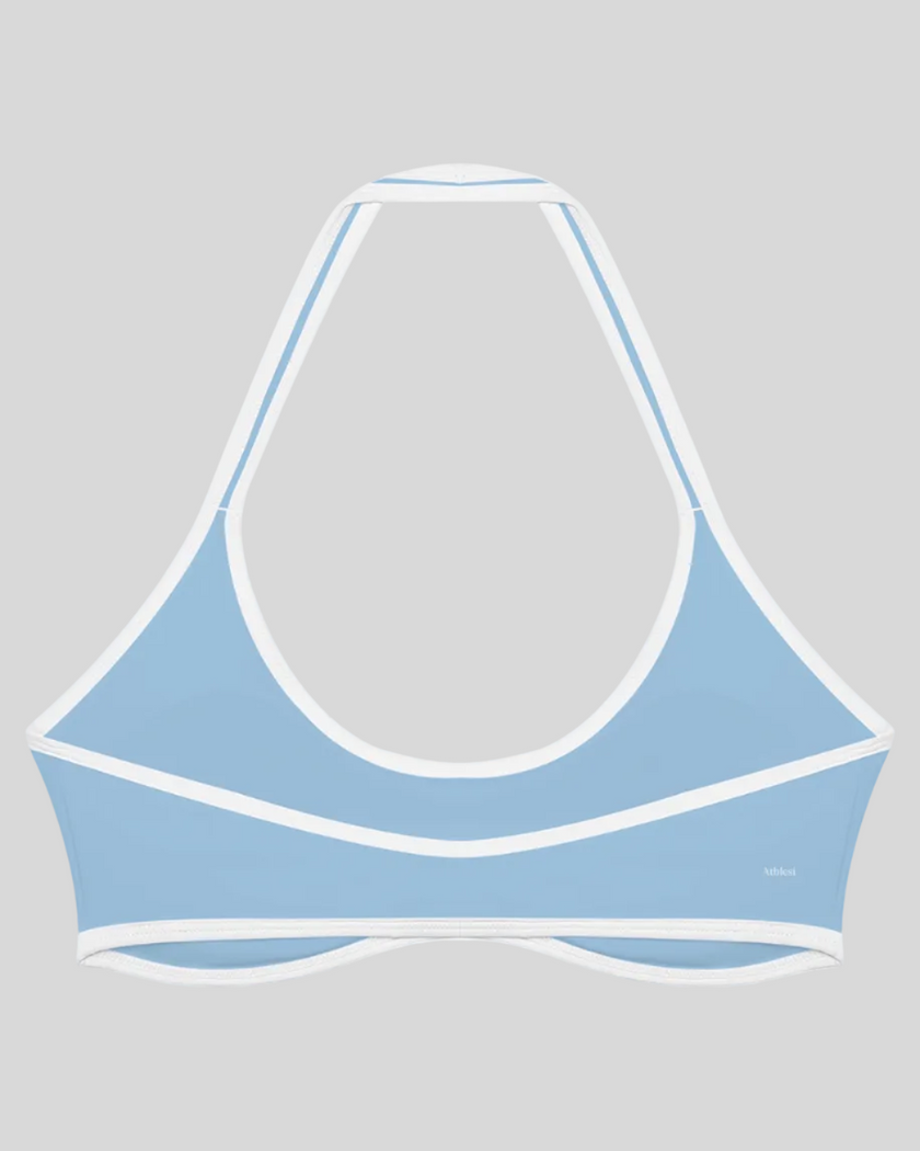 CourtClub Color Block Halter Sports Bra in Sky Blue back view showcasing the open-back halter design