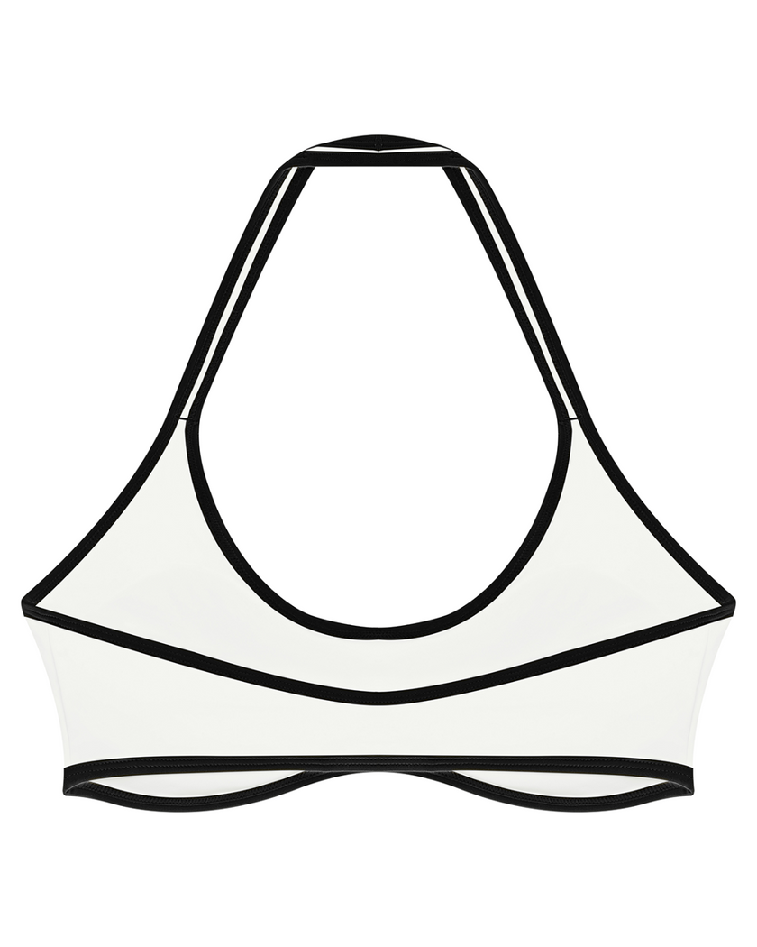 CourtClub Color Block Halter Sports Bra in White back view showcasing the open-back halter design